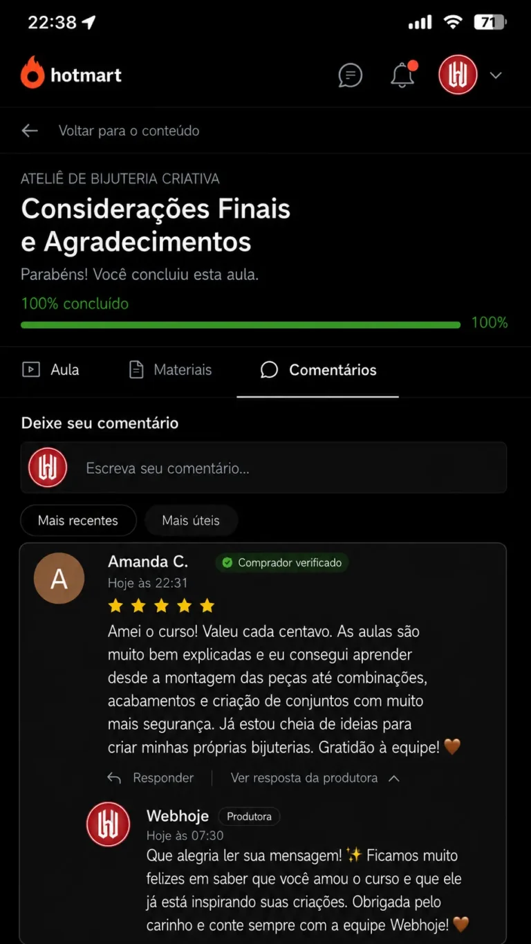 Resultado de aluna ap&oacute;s aprender a fazer bijuterias