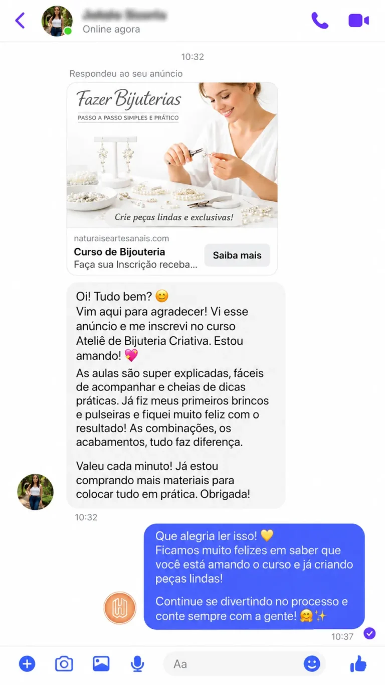 Avalia&ccedil;&atilde;o de aluna sobre o curso de bijuterias
